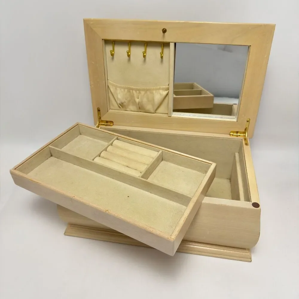 2-Tier Wooden Jewelry Organizer with Necklace Hooks, Mirror & Removable Tray